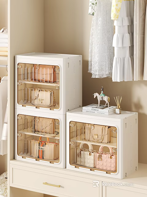 Clear Door Storage Cabinets For Organizing Handbags In Closet With Decorative Figurine And Aromatherapy Sticks 3d model 