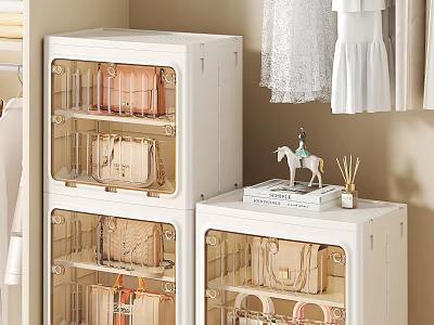 Clear Door Storage Cabinets For Organizing Handbags In Closet With Decorative Figurine And Aromatherapy Sticks 3d model