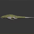 Green Aquatic Creature With Luminous Blue Spots Long Body Fins And Whiskers