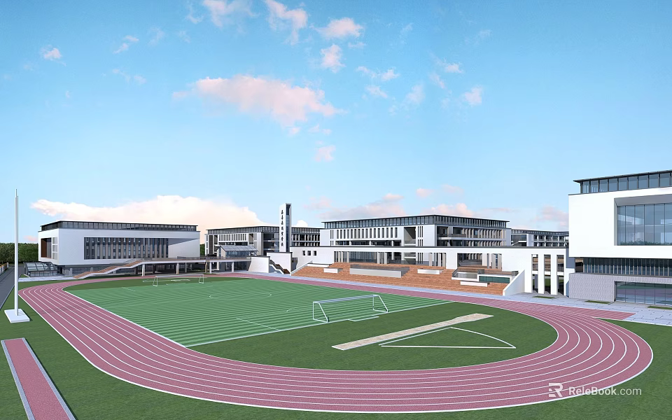 Modern School Building Complex With Green Sports Field And Red Running Track 3d model 