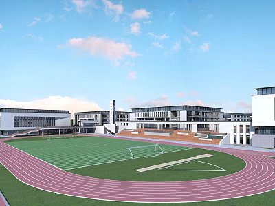 Modern School Building Complex With Green Sports Field And Red Running Track 3d model
