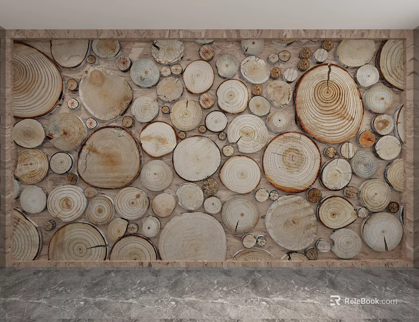 Decorative Wooden Wall Made Of Circular Wood Slices With Natural Brown Tones 3d model 