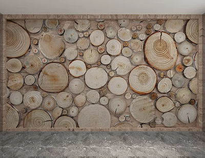 Decorative Wooden Wall Made Of Circular Wood Slices With Natural Brown Tones 3d model