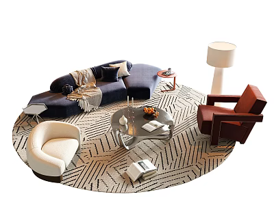 Modern Living Room Sofa And Coffee Table Set With Area Rug Armchairs And Floor Lamp 3d model