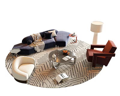 Modern Living Room Sofa And Coffee Table Set With Area Rug Armchairs And Floor Lamp 3d model