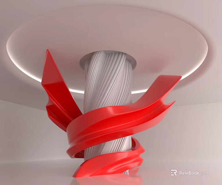 Silver Textured Column With Red Twisted Ribbons And Ceiling Lighting Design 3d model