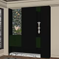 Modern Black and Green Shoe Cabinet with Floral Wallpaper Storage Drawers and Vase Flowers