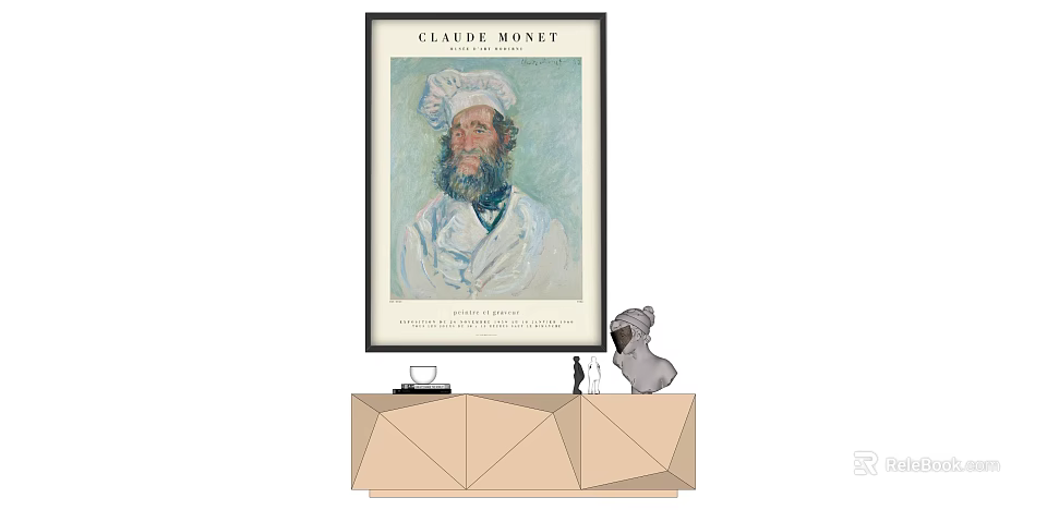 Claude Monet Chef Portrait Framed Artwork Display On Geometric Table With Decorative Items 3d model 