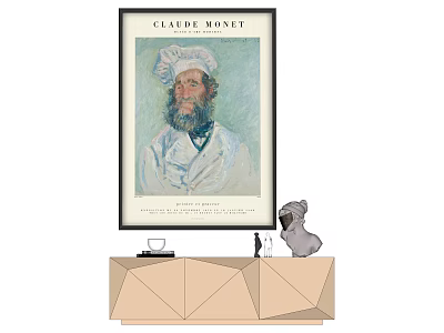 Claude Monet Chef Portrait Framed Artwork Display On Geometric Table With Decorative Items 3d model