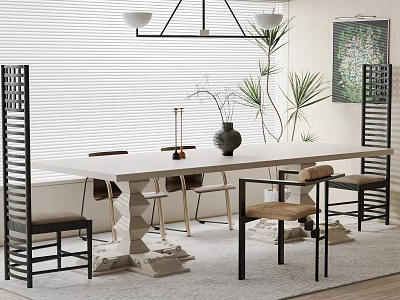 Modern White Dining Table Set With Mixed Chairs Vase Plant And Hanging Lamp In Interior 3d model