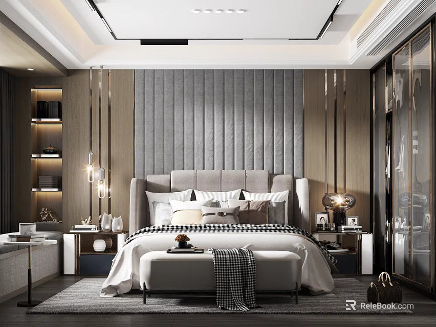 Elegant Modern Bedroom Interior With Tufted Headboard Wall Nightstands Pendant Lights And Bed Bench 3d model 
