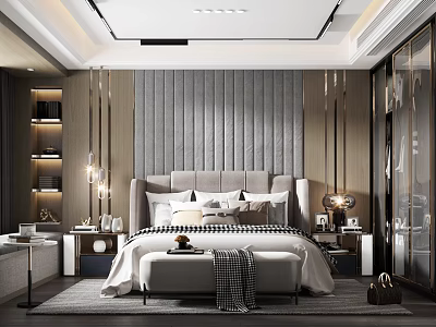 Elegant Modern Bedroom Interior With Tufted Headboard Wall Nightstands Pendant Lights And Bed Bench 3d model