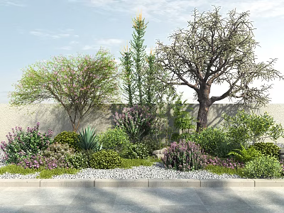 Trees In Garden Landscape With Shrubs Herbs Pebbles And Wall Background Under Blue Sky 3d model