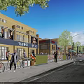 Vibrant Modern Commercial Street With Pedestrians Bicycles Cars And Storefront Signs