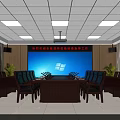 Professional Conference Room Interior With Long Wooden Table Large Screen And Comfortable Chairs 3d model