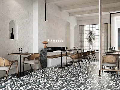 Rustic Restaurant Interior With Patterned Tile Floor Wooden Tables Wall Niche And Pendant Lights 3d model