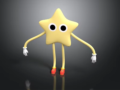 Yellow Star Cartoon With Big Eyes Arms Legs White Gloves Red Shoes On Black Background 3d model