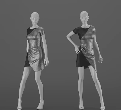 Fashion Mannequins Wearing Silver And Black Asymmetric Dresses In Different Poses 3d model