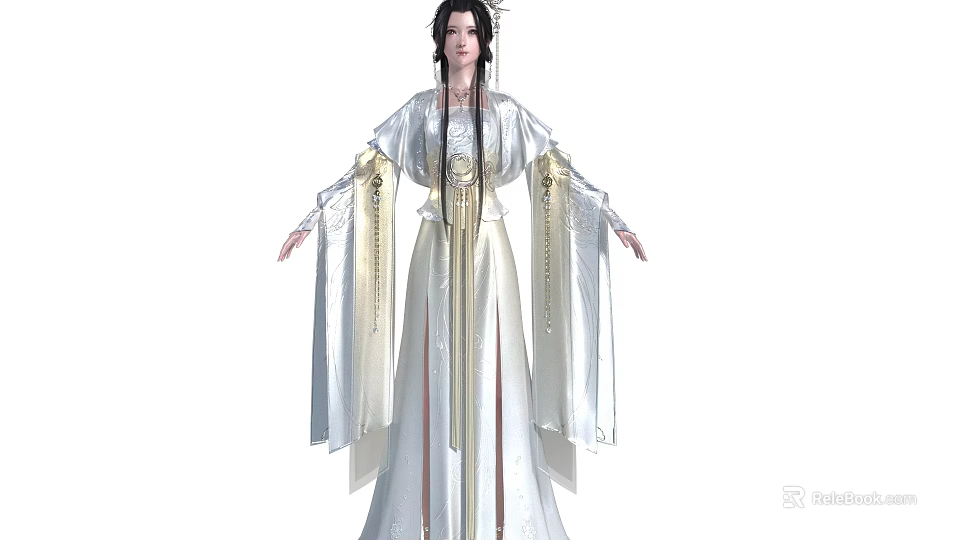 Woman in Traditional Long Dress with Flowing Sleeves Golden Belt and Elegant Headdress 3d model 