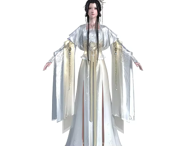 Woman in Traditional Long Dress with Flowing Sleeves Golden Belt and Elegant Headdress 3d model