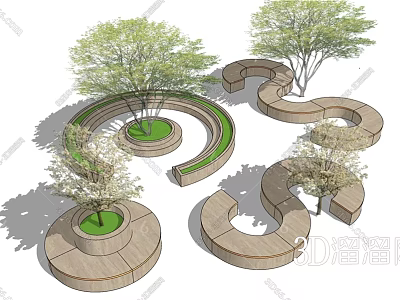Multiple Curved Tree Pit Design With Stone Seating And Greenery In Landscape 3d model