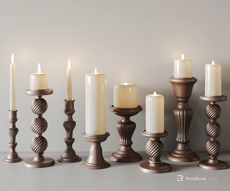 Candle Holders with Lit White Candles and Brown Twisted Pattern Bases for Home Decor 3d model 