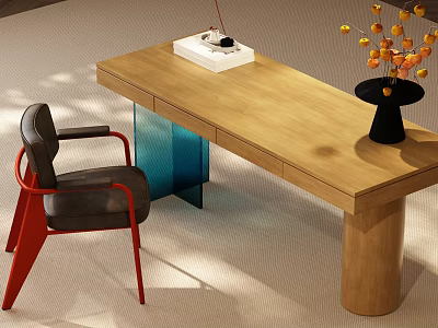 Modern Wooden Desk With Red Frame Chair Gray Cushion And Orange Flowers Vase 3d model
