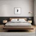 Modern Leather Double Bed with Bedside Table Decorative Painting and White Curtains