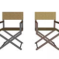 Two Beige Fabric Leisure Chairs With Wooden Armrests And Metal Cross Legs