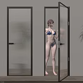 Young Woman In Blue Bikini Standing By Open Glass Door With Green Plants