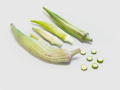 Fresh Green Okra Vegetables Sliced and Whole Arranged on White Background 3d model