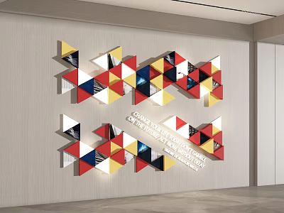 Colorful Geometric Triangle Wall Decorations With Red Yellow Blue Black White Shapes On Light Wall 3d model