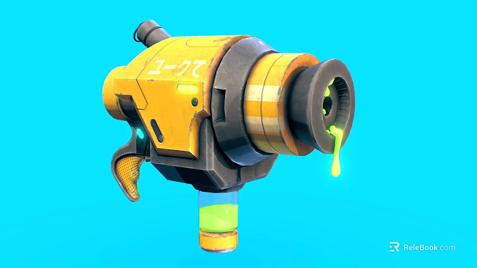 Yellow Spray Gun With Green Dripping Liquid On Bright Blue Background Modern Design 3d model 
