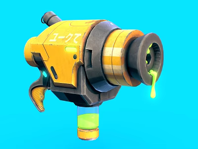 Yellow Spray Gun With Green Dripping Liquid On Bright Blue Background Modern Design 3d model