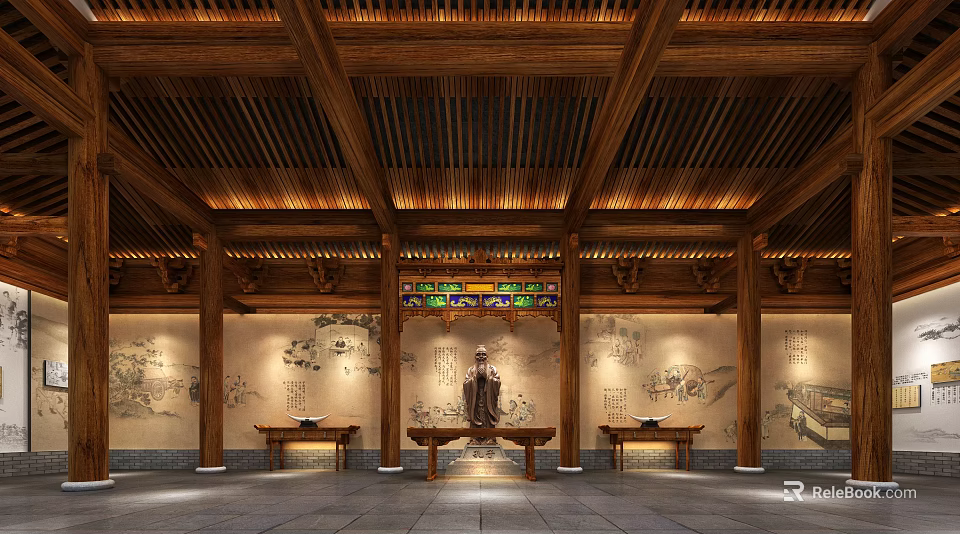 Traditional Chinese Exhibition Hall With Wooden Roof Carved Decorations Traditional Murals And Long Tables 3d model 