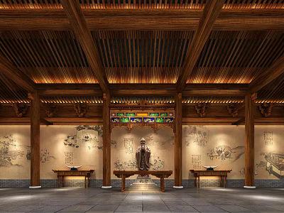 Traditional Chinese Exhibition Hall With Wooden Roof Carved Decorations Traditional Murals And Long Tables 3d model