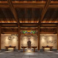 Traditional Chinese Exhibition Hall With Wooden Roof Carved Decorations Traditional Murals And Long Tables