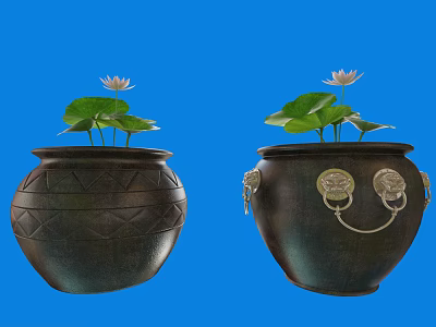 Decorative Aquarium Jars with White Water Lilies Lotus Leaves Geometric Patterns and Metal Handles 3d model