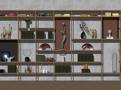 Modern Storage Shelving Unit Displaying Books Sculptures Figurines Vase And Decorative Items 3d model