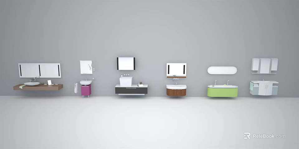 Stylish Modern Bathroom Washbasin Designs with Different Shaped Mirrors and Colorful Countertops 3d model 