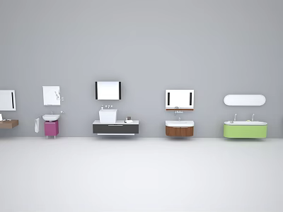 Stylish Modern Bathroom Washbasin Designs with Different Shaped Mirrors and Colorful Countertops 3d model