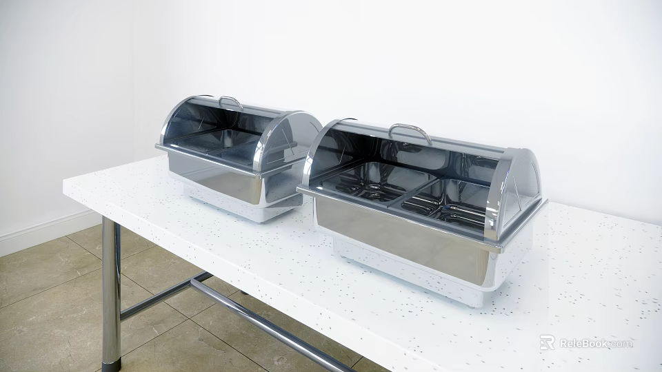 Restaurant Buffet Setup With Two Stainless Steel Food Warmers On White Table 3d model 