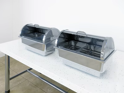 Restaurant Buffet Setup With Two Stainless Steel Food Warmers On White Table 3d model