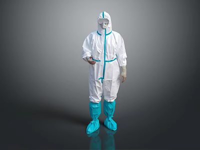 White Protective Suit With Blue Stripes Face Mask And Boot Covers On Gray Background 3d model