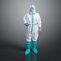 White Protective Suit With Blue Stripes Face Mask And Boot Covers On Gray Background 3d model