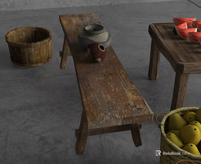 Rustic Wooden Public Chair With Earthenware Pot Bucket And Fresh Fruits 3d model 