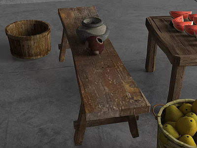 Rustic Wooden Public Chair With Earthenware Pot Bucket And Fresh Fruits 3d model