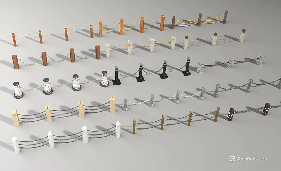 Various Types Of Fence Designs With Colorful Posts And Rope Details 3d model 