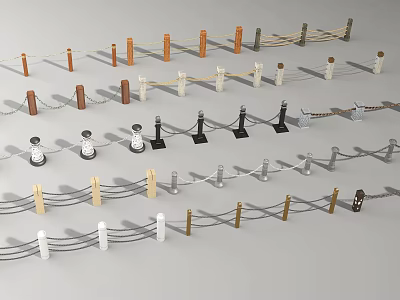 Various Types Of Fence Designs With Colorful Posts And Rope Details 3d model