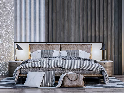 Modern Double Bed Interior With Textured Wall Panels Bedside Lamps Stripped Bedding And Soft Rug 3d model
